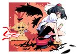  animal_ears black_hair black_wings eating feathers food geta hat hungry inubashiri_momiji multiple_girls red_eyes shameimaru_aya skirt tears tengu-geta touhou usoneko wings wolf_ears 