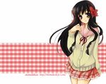  black_hair blush brown_eyes hair_ribbon long_hair minamoto_chikaru ribbon sanshoku_amido skirt smile solo strawberry_panic! sweater wallpaper 