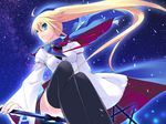  angry artist_request blonde_hair blue_eyes flying hat long_hair nanatsuiro_drops night ponytail prima_aspallas sky solo staff star_(sky) starry_sky thighhighs very_long_hair wind 