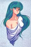  80s blue_eyes breasts eyeshadow green_hair horns large_breasts long_hair lum makeup nakajima_atsuko off_shoulder oldschool simple_background solo urusei_yatsura 