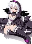  boots breasts cleavage doll_joints dress frills gucchi hairband knee_boots long_hair purple_eyes rozen_maiden small_breasts solo suigintou white_hair wings 
