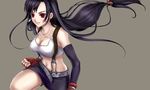  bad_id bad_pixiv_id belt black_hair breasts cleavage clenched_hand earrings elbow_gloves final_fantasy final_fantasy_vii fingerless_gloves gloves jewelry large_breasts long_hair low-tied_long_hair midriff miniskirt navel ouka_mai pencil_skirt red_eyes skirt solo suspender_skirt suspenders tifa_lockhart 