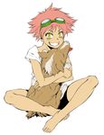  androgynous barefoot bike_shorts blush_stickers cowboy_bebop dog edward_wong_hau_pepelu_tivrusky_iv ein_(cowboy_bebop) feet goggles grin hug indian_style kurenai_karasu red_hair reverse_trap short_hair sitting smile solo tomboy welsh_corgi yellow_eyes 