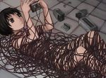  black_hair broken brown_eyes cassette_tape commentary_request convenient_censoring disassembly floor lying nude original radio short_hair solo yajirushi_(chanoma) 
