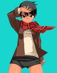  black_eyes black_hair dark_skin fang fate/hollow_ataraxia fate/stay_night fate_(series) jacket makidera_kaede plaid plaid_scarf scarf short_hair shorts solo tomboy wind yu_65026 