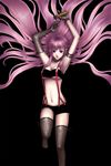  armpits arms_up bad_id bad_pixiv_id choker elbow_gloves gloves highres long_hair lying macross macross_frontier microphone midriff navel ouka_mai purple_eyes purple_hair sheryl_nome shorts solo suspenders thighhighs 