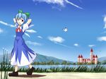  arms_behind_head bad_id bad_pixiv_id blue_dress blue_hair bug butterfly cirno cloud day dress frog insect kirisame_marisa looking_back misty_lake multiple_girls scarlet_devil_mansion sky touhou tsuyuki_(yukitgraph) walking 