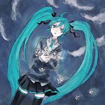  aqua_eyes aqua_hair bad_id bad_pixiv_id cloud flower hatsune_miku kno_(anahita) long_hair necktie open_mouth ribbon skirt sky solo sweater thighhighs twintails very_long_hair vocaloid zettai_ryouiki 