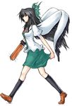  black_hair bow cape green_bow hair_ribbon long_hair piromizu reiuji_utsuho ribbon see-through socks solo touhou walking wings 