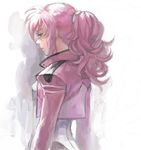  bad_id bad_pixiv_id bangs blue_eyes celestial_being_uniform closed_mouth cropped_jacket curly_hair eyelashes feldt_grace from_behind frown gundam gundam_00 hair_ornament jacket long_sleeves open_clothes open_jacket pink_hair pink_jacket ponytail profile ris sad sidelocks solo upper_body white_background 