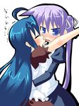  ahoge alternate_costume bad_id bad_pixiv_id blue_eyes blue_hair blush enmaided hiiragi_kagami hujikok izumi_konata long_hair lucky_star maid multiple_girls purple_hair twintails 