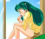  80s animal_print anime_coloring bare_legs blue_sky brushing_teeth commentary day eyeshadow green_eyes green_hair horns long_hair looking_at_viewer lum makeup mushimaru no_pants oldschool sky solo tiger_print toothbrush urusei_yatsura window windowsill 