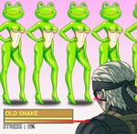  beast-gamer's_sigh black_eyes blush breasts character_name clone eyepatch frogs_(metal_gear) from_behind gradient gradient_background grey_hair headband high_heels kerotan lowres medium_breasts metal_gear_(series) metal_gear_solid_4 navel old_snake parody pink_background pose simple_background solid_snake standing stomach upper_body 