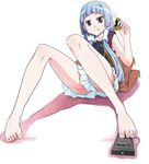  :t bangs barefoot blue_hair blunt_bangs controller eating feet food food_on_face hair_tubes hairband kannagi long_hair nagi pleated_skirt purple_eyes remote_control sitting skirt solo weshika white_skirt 