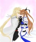  blonde_hair brown_hair cape collared_shirt fate_testarossa from_side holding holding_hands interlocked_fingers long_hair long_sleeves lyrical_nanoha magical_girl mahou_shoujo_lyrical_nanoha_strikers multiple_girls ponytail profile shirt takamachi_nanoha twintails very_long_hair white_shirt yuri 