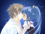  1girl artist_request blue blue_hair brown_eyes brown_hair closed_eyes couple dress glasses hetero kiss long_hair nanatsuiro_drops ponytail tsuwabuki_masaharu very_long_hair water water_drop yuuki_nona 