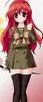  ahoge alastor_(shakugan_no_shana) artist_request cosplay highres jewelry long_hair nogizaka_haruka nogizaka_haruka_no_himitsu pendant red_eyes red_hair school_uniform shakugan_no_shana shana shana_(cosplay) sword thighhighs weapon zettai_ryouiki 