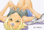  blonde_hair breast_suppress cat dark_skin freckles lal'c_mellk_mal lying on_back shirt short_hair shorts signature smile solo stretch t-shirt takaku_nozomu top_wo_nerae_2! yellow_eyes 