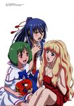  2girls :d absurdres blush detexted highres lunchbox macross macross_frontier multiple_girls official_art ootsuka_yae open_mouth ranka_lee saotome_alto scan sheryl_nome sitting smile third-party_edit white_background 