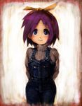  arms_behind_back bad_id bad_pixiv_id hettaa_(kinokosan) hiiragi_tsukasa lucky_star overalls purple_hair ribbon short_hair solo 