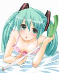  bed blush camisole covered_nipples downblouse flat_chest green_eyes green_hair hatsune_miku long_hair lying no_bra open_mouth solo spring_onion twintails vocaloid yusya 