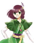  :d capelet cowboy_shot elbow_gloves gloves green_eyes hair_ornament hairpin hosokawa_gracia kanzaki_miyuki_(happypink) looking_at_viewer looking_back lowres open_mouth red_hair sengoku_musou sengoku_musou_2 short_hair simple_background smile solo white_background white_gloves 