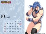  angry blue_hair breasts calendar_(medium) cleavage eyeshadow fishnets highres homare_(fool's_art) knee_pads large_breasts ledy_cody leotard lipstick long_hair makeup muscle official_art purple_eyes solo wrestle_angels wrestle_angels_survivor_2 