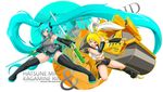  blonde_hair green_hair hatsune_miku highres kagamine_rin long_hair multiple_girls panties redlark short_hair spring_onion steamroller thighhighs tonfa twintails underwear very_long_hair vocaloid weapon 