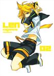  arms_up blonde_hair blue_eyes full_body jam3 jumping kagamine_len leg_warmers male_focus sailor_collar shoes shorts simple_background solo vocaloid white_background 