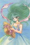  80s dress eyeshadow flower green_hair hat horns long_hair lum makeup official_art oldschool pointy_ears solo straw_hat takahashi_rumiko urusei_yatsura 