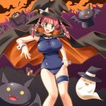  braid breasts cape halloween hat huge_breasts maki_(seventh_heaven_maxion) one-piece_swimsuit original pink_hair school_swimsuit solo swimsuit twin_braids witch_hat 