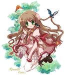  animal animal_on_shoulder bird bird_on_shoulder blush brown_hair character_name copyright_name green_eyes hizuki_yayoi kanbe_kotori long_hair rewrite solo thighhighs 