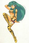  80s animal_print artist_request bikini blue_eyes boots eyeshadow green_hair horns knee_boots knife long_hair lum makeup oldschool solo swimsuit thighhighs tiger_print urusei_yatsura 