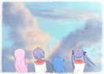  ahoge back bad_id bad_pixiv_id blue_hair bunsai hiiragi_kagami hiiragi_tsukasa izumi_konata long_hair lucky_star multiple_girls pink_hair purple_hair ribbon ryouou_school_uniform school_uniform serafuku short_hair sky takara_miyuki twintails 