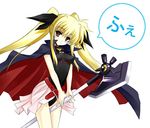  axe bardiche blonde_hair cape fate_testarossa long_hair lyrical_nanoha mahou_shoujo_lyrical_nanoha red_eyes serizawa_katsumi solo twintails weapon 