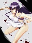  apron armpits bangs black_panties blood blue_eyes blurry bokken breasts busujima_saeko cleavage covered_nipples depth_of_field fighting_stance frills highschool_of_the_dead large_breasts leg_lift long_hair looking_at_viewer naked_apron naughty_face panties purple_hair shirt side-tie_panties sideboob simple_background smile solo standing standing_on_one_leg supisupi sword taut_clothes taut_shirt thighs underwear weapon wooden_sword 