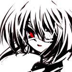  bad_id bad_pixiv_id ef eyepatch fume_(artist) hair_between_eyes monochrome red_eyes shindou_chihiro short_hair simple_background solo spot_color white_background 