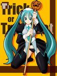  aqua_eyes aqua_hair black_panties cuffs halloween hatsune_miku jack-o'-lantern keito long_hair necktie panties pumpkin sleeve_cuffs solo staff thighhighs trick_or_treat twintails underwear vocaloid 