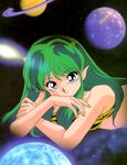  80s animal_print artist_request bikini blue_eyes comet eyeshadow green_hair horns long_hair lum makeup oldschool planet pointy_ears solo space swimsuit tiger_print urusei_yatsura 