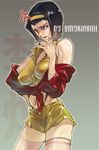  angry bare_shoulders black_hair brown_eyes cigarette cowboy_bebop faye_valentine hairband midriff short_hair shorts smoking solo sweater thighhighs u_to_i 