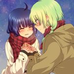  1girl ^_^ ahoge bad_id bad_pixiv_id blue_hair blush braid closed_eyes couple green_hair hetero highres holding_hands jinguu_shion kamihara_ichi natsu_hotaru original plaid plaid_scarf red_eyes red_scarf scarf short_hair single_braid smile 