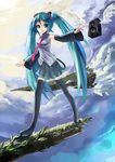  aqua_eyes aqua_hair boots clear_echoes cloud detached_sleeves hatsune_miku long_hair necktie skirt solo speaker thigh_boots thighhighs twintails very_long_hair vocaloid walking wings 