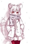  animal animal_ears casual coat cold contemporary greyscale monochrome mouse mouse_ears mouse_tail nazrin pleated_skirt red_eyes red_legwear scarf short_hair skirt solo soubi spot_color tail thighhighs touhou white white_background winter_clothes 