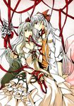  bad_id bad_pixiv_id casual ex-keine fancybetty fujiwara_no_mokou hair_ribbon horns kamishirasawa_keine long_hair mouth_hold multiple_girls ofuda profile ribbon sideways_glance silver_hair touhou 