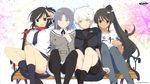  4girls asuka_(senran_kagura) blue_eyes breasts gold_eyes highres homura_(senran_kagura) large_breasts miyabi_(senran_kagura) multiple_girls school_uniform senran_kagura senran_kagura_(series) skirt spread_legs upskirt wallpaper white_hair yellow_eyes yumi_(senran_kagura) 