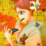  bad_id bad_pixiv_id black_nails brown_hair bug butterfly cyclops eating fingernails flower hair_flower hair_ornament hair_up insect japanese_clothes kimono lily_(flower) lipstick long_fingernails makeup monster_girl nail_polish nikumusisan one-eyed original short_hair solo spider 
