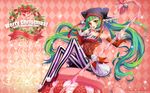  argyle argyle_background cat_food_(vocaloid) choker christmas detached_sleeves finger_to_mouth ginkasarah green_hair hatsune_miku high_heels long_hair nail_polish new_year open_mouth pantyhose project_diva_(series) project_diva_f shoes sitting solo striped striped_legwear twintails vertical-striped_legwear vertical_stripes very_long_hair vocaloid yellow_eyes 