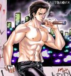  abs black_hair bruce_lee hair_slicked_back inagaki_joe jewelry last_bronx leather leather_pants male_focus momojiri_(kari) muscle navel nunchaku pants pectorals ring shirtless solo weapon 