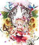  ascot azumamutuki bad_id bad_pixiv_id blonde_hair cat closed_eyes colorful dolphin flandre_scarlet flower highres laevatein open_mouth short_hair side_ponytail skirt skirt_set smile solo sunflower tokyo_tower touhou tree whale wings 