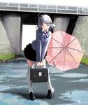  bag bent_over breast_squeeze breasts bridge full_body grass hair_ornament hairclip half-closed_eyes long_sleeves masao medium_breasts open_mouth original pigeon-toed puddle school_bag school_uniform shirt silver_hair skirt solo sweater thighhighs transparent transparent_umbrella umbrella v_arms white_legwear zettai_ryouiki 